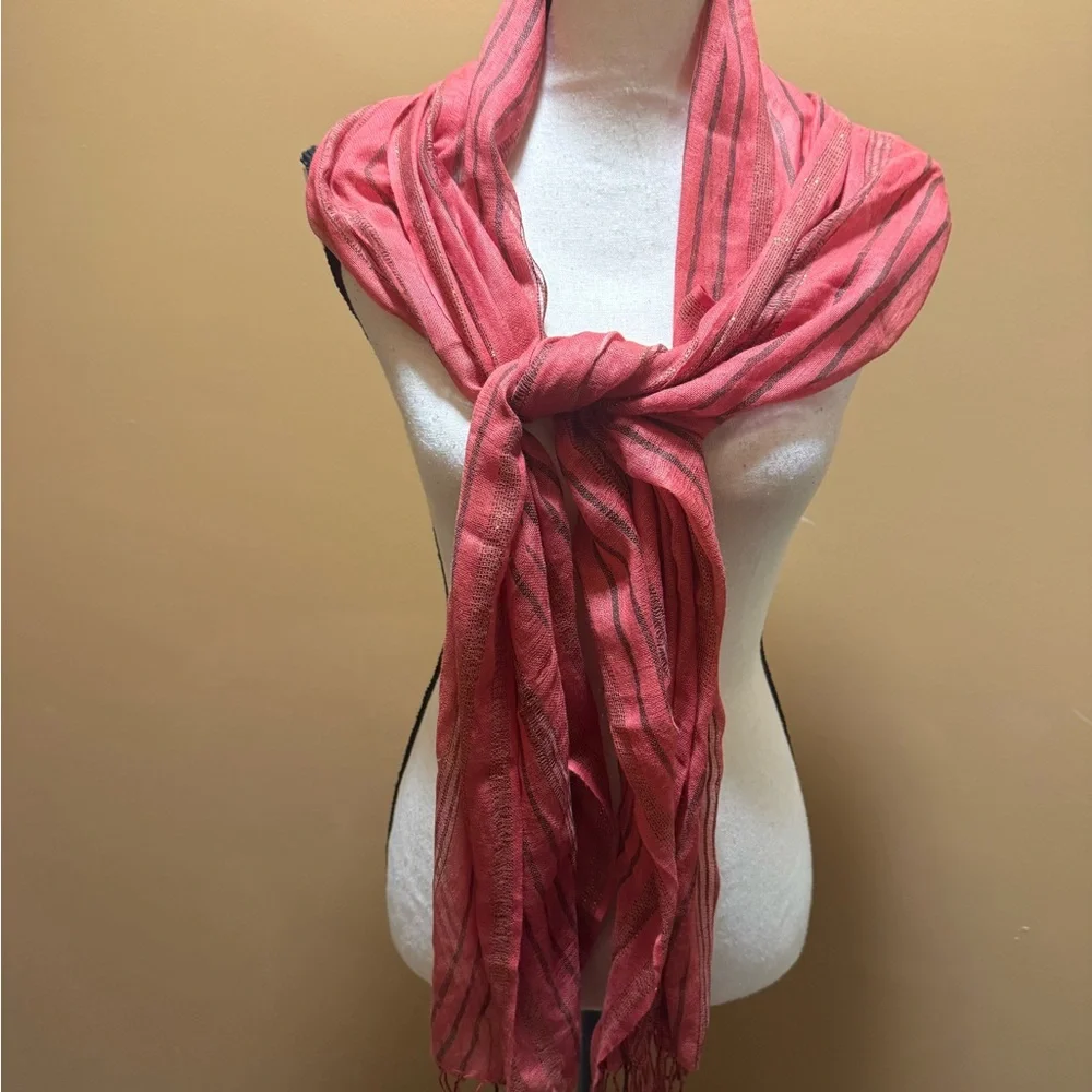 Talbots Red pink Metallic Scarf wrap fringed azlon made in India NWT